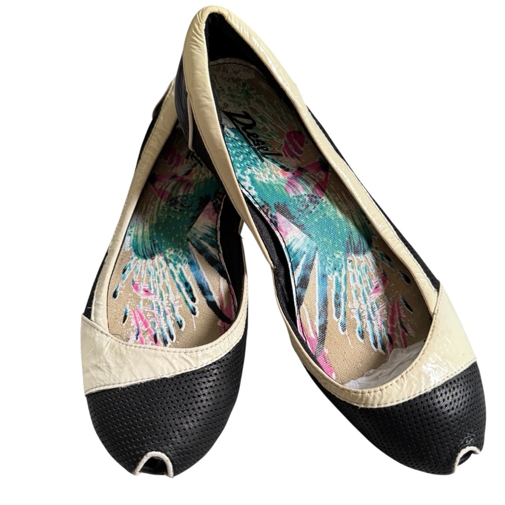 Diesel Ballet Flats 6–6.5 – Leather Peep Toe, Black/Cream, Tropical Insole